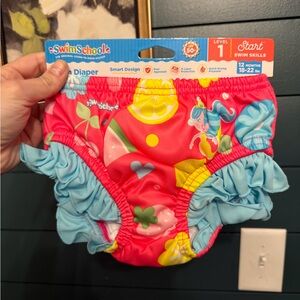 Pink Fruit-Print Toddler Swim Diaper with Blue Ruffle Trim